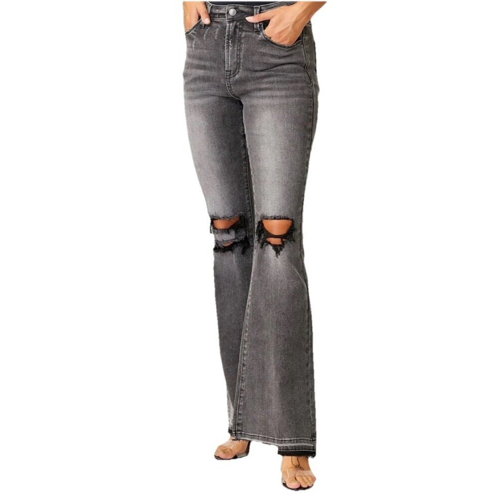 Risen Jeans Shadow Hem Black Flared Jeans Distressed Size 1XL